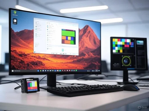 A computer workstation with a large monitor, keyboard, mouse, and color testing equipment on a desk.