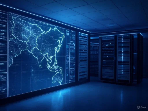 A high-tech control room with a digital map of Asia on a large screen, surrounded by server racks with blue lighting. A high-tech control room with a digital map of Asia on a large screen, surrounded by server racks with blue lighting.