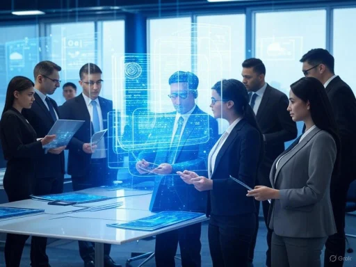 Business professionals analyze futuristic holographic data in a high-tech office meeting.