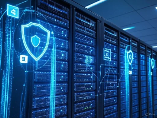 A row of server racks with digital security icons overlayed, suggesting cybersecurity protection in a data center.