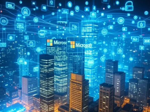 Futuristic cityscape with Microsoft logos and digital cloud icons representing cloud computing and data connectivity.