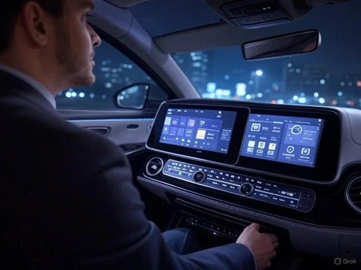 A man driving a modern car at night, focusing on the digital dashboard and control screens.