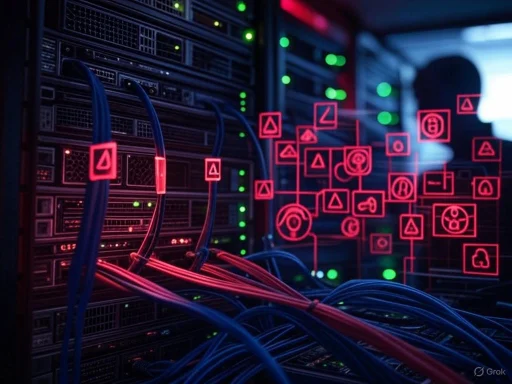 Futuristic digital server room with glowing network connections and holographic icons representing data or AI.