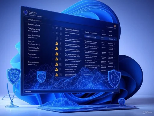 A futuristic digital security interface on a monitor displaying warning messages and shield icons in a blue, sci-fi style.