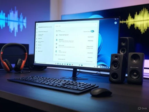 A modern computer setup with a monitor, keyboard, mouse, speakers, headphones, and audio wave visuals on screens.