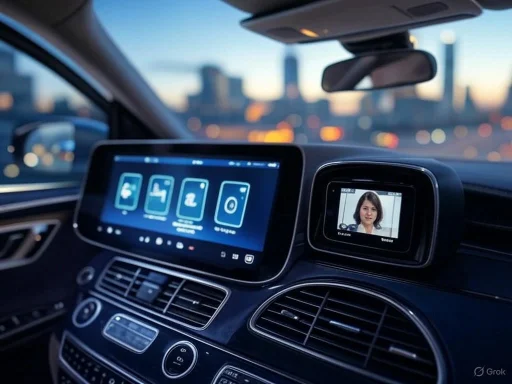Inside a modern car, showing a digital dashboard, touchscreen controls, and a small display with a woman's face. Inside a modern car, showing a digital dashboard, touchscreen controls, and a small display with a woman's face.