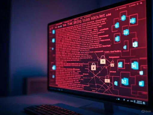 A computer screen displays red code, network diagrams, and security icons indicating cybersecurity or hacking activity. A computer screen displays red code, network diagrams, and security icons indicating cybersecurity or hacking activity.
