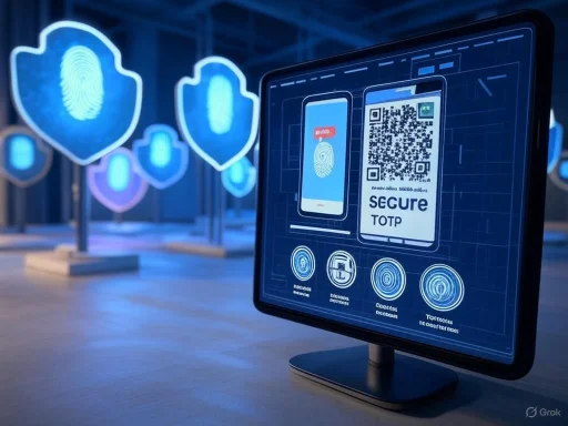 A digital security display showcasing fingerprint verification and QR codes in a high-tech environment.
