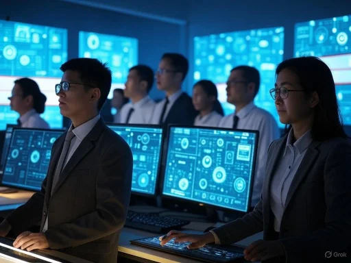 Team of professionals analyzing data on multiple futuristic digital screens in a high-tech control room. Team of professionals analyzing data on multiple futuristic digital screens in a high-tech control room.