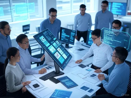 A team of professionals collaborate around multiple digital screens in a high-tech office environment.