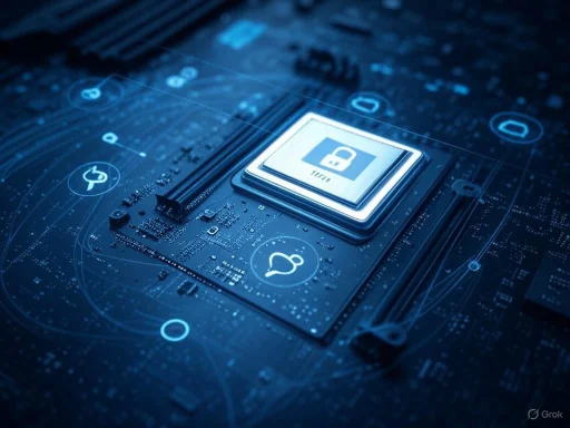 A microchip with a padlock icon, symbolizing cybersecurity or data protection, on a digital circuit board.