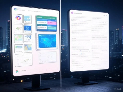 Two illuminated digital screens display data and documents against a city skyline at night.