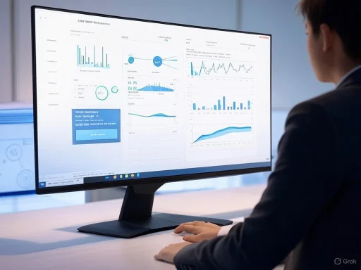 A person analyzes business data and charts on a large computer monitor in an office setting.