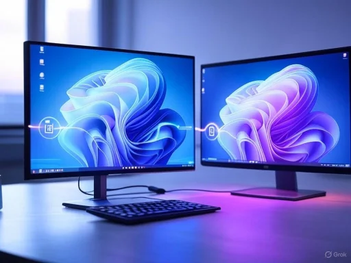 Two modern computer monitors with vibrant abstract wallpapers are displayed on a desk with a keyboard, under blue and purple lighting.