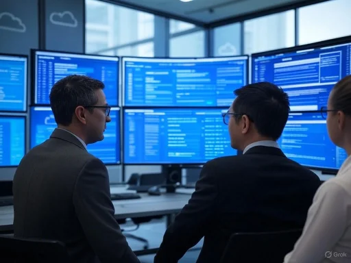Three professionals analyzing data on multiple computer screens in a modern office setting. Three professionals analyzing data on multiple computer screens in a modern office setting.