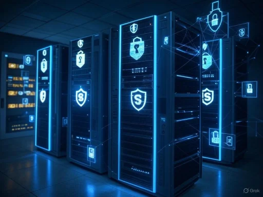 Server racks glowing with digital security icons in a high-tech data center. Server racks glowing with digital security icons in a high-tech data center.