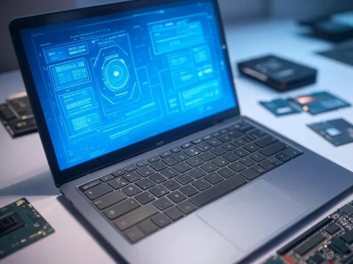 A laptop displaying a futuristic digital interface with various data and graphics, surrounded by computer hardware components. A laptop displaying a futuristic digital interface with various data and graphics, surrounded by computer hardware components.