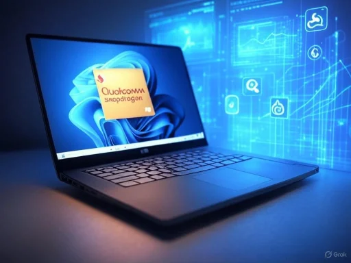 A laptop displays a Qualcomm Snapdragon chip icon with digital graphics and app icons floating in a high-tech environment.