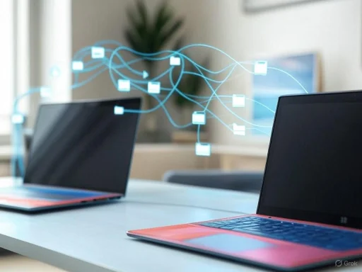 Two laptops on a desk with digital file sharing graphics overlay, indicating data transfer or networking.