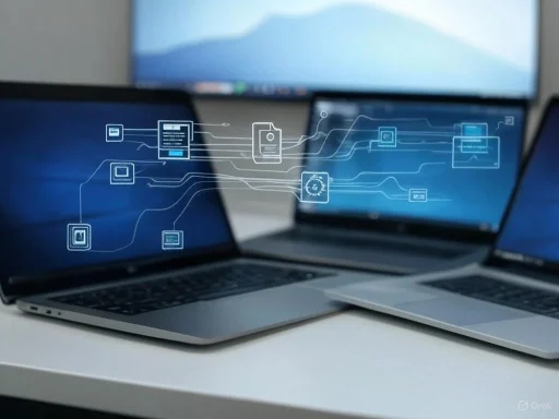 Multiple connected laptops displaying digital interface graphics on screens.
