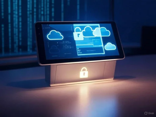 A digital tablet displays cloud icons and security screens, mounted on a stand with a lock symbol, in a dark, tech-themed setting.