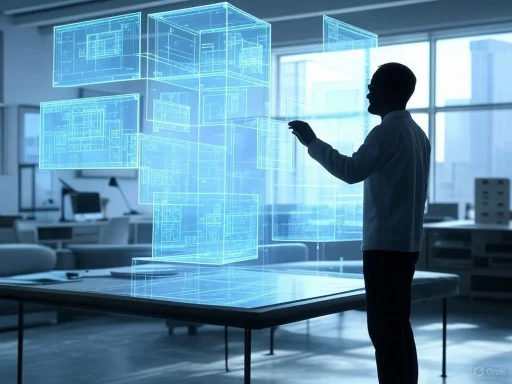 A person interacts with a digital 3D architectural blueprint displayed as holograms in a modern office. A person interacts with a digital 3D architectural blueprint displayed as holograms in a modern office.