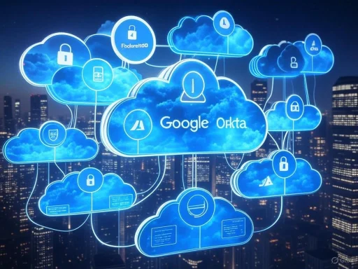 Cloud computing with Google and Okta for secure data, identity management, and cloud services integration.