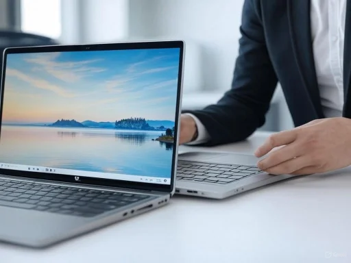 Person in business attire working on a laptop in a bright, modern office space.