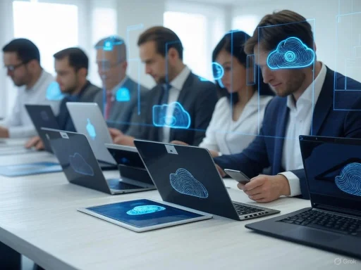 Business professionals using laptops and digital devices with cloud computing and technology icons overlay. Business professionals using laptops and digital devices with cloud computing and technology icons overlay.