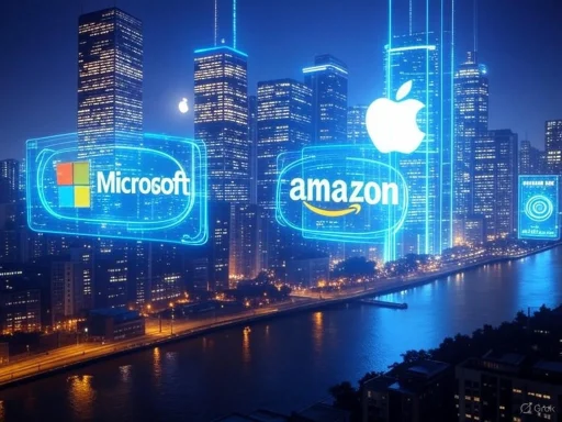 Futuristic city skyline featuring glowing logos of Microsoft, Amazon, and Apple illuminated over skyscrapers.