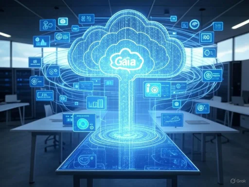 A digital projection of a cloud with 'Gaia' at the center, surrounded by data icons, in a modern office setting.