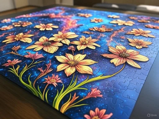 A completed 1000-piece jigsaw puzzle with vibrant flowers set against a galaxy background.