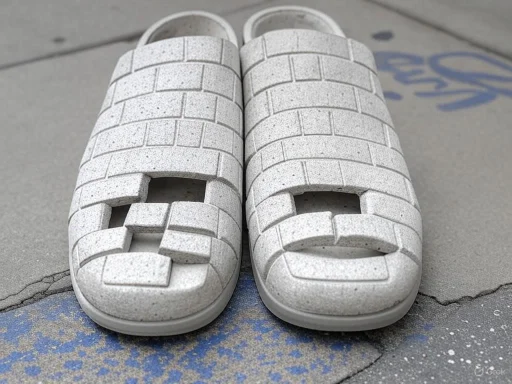 Pair of gray, brick-patterned slippers placed on a gray pavement with a yellow and blue marking nearby. Pair of gray, brick-patterned slippers placed on a gray pavement with a yellow and blue marking nearby.
