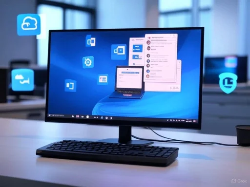 A computer monitor displays a virtual desktop with cloud-related icons and multiple open windows, in a modern office setting.