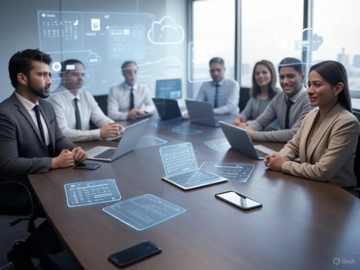 Business professionals in a modern conference room engaged in a high-tech meeting with holographic data displays.