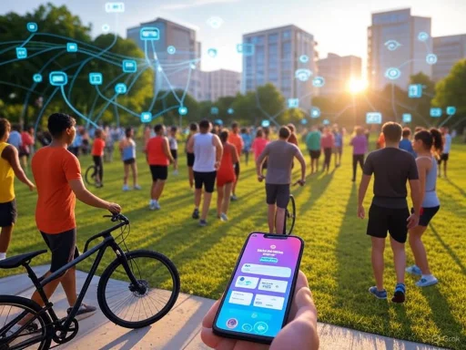 Crowd of people participating in an outdoor fitness event with digital networks overlayed in a city park.