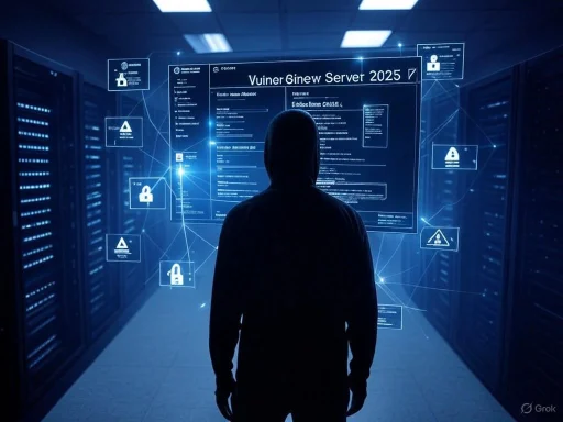 A person in a hoodie stands in a dark server room with holographic security and server information overlays. A person in a hoodie stands in a dark server room with holographic security and server information overlays.