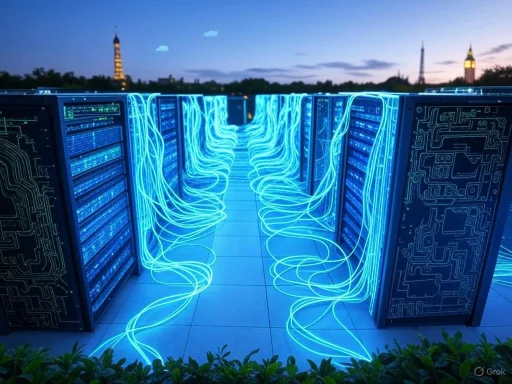 Row of server racks with glowing blue cables, set against a Paris skyline at dusk.