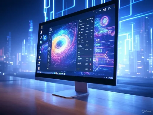 A computer monitor displays futuristic data visualizations against a neon-lit cityscape background.