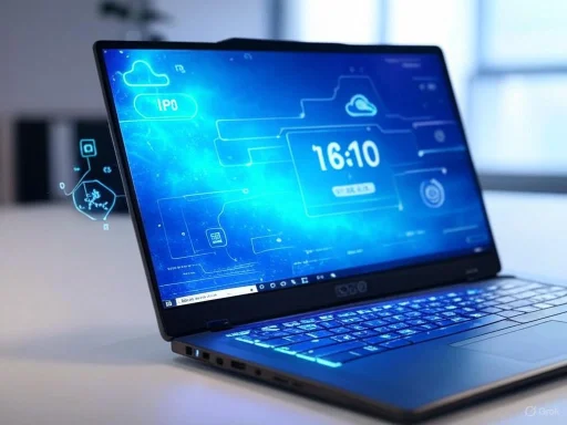 A slim, modern laptop with a digital interface display showing time and cloud technology icons.