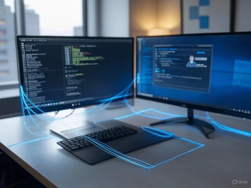 Dual monitors display coding and user info, with glowing blue digital lines connecting them on a modern office desk.