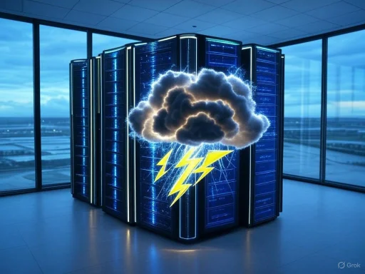 A cloud with lightning strikes is depicted floating above a high-tech server rack inside a modern, glass-walled data center.