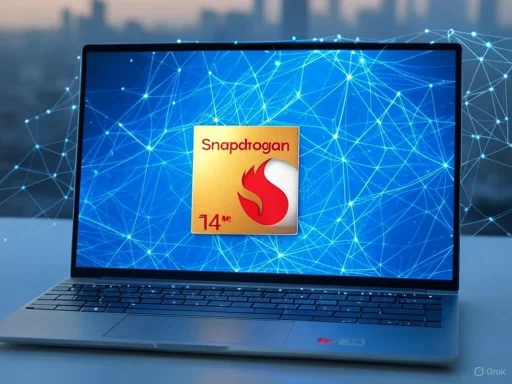 A laptop displays a 'Snapdragon' logo on the screen with a digital network background.