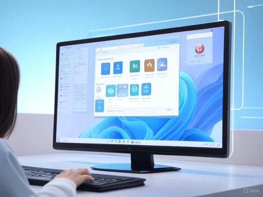 A person using a computer with a screen displaying a digital application interface in a modern workspace.