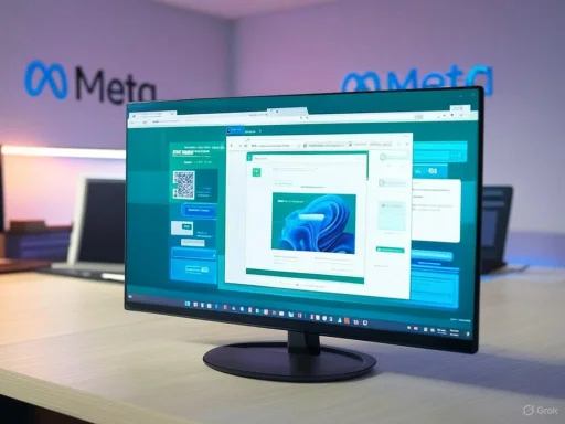 A computer monitor displays multiple overlapping screens, with a Meta logo visible on the wall behind in a tech office.