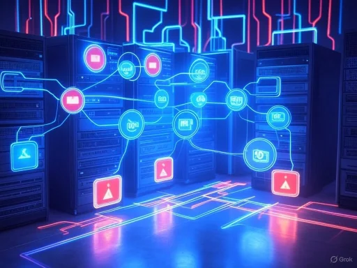 A neon-lit digital network overlay over server racks, illustrating data flow and connectivity in a data center.