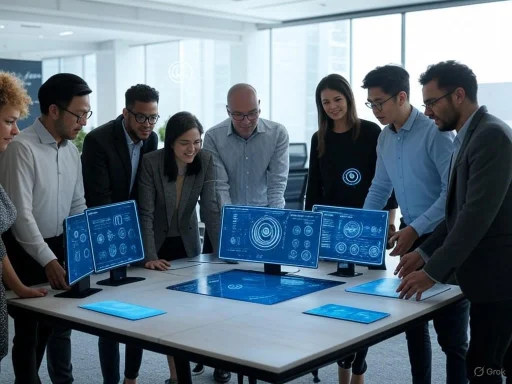 Team of professionals sharing ideas around a table with multiple digital screens displaying futuristic data. Team of professionals sharing ideas around a table with multiple digital screens displaying futuristic data.