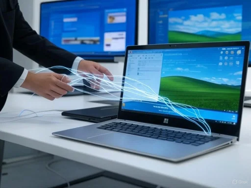 A person in business attire connects multiple laptops with digital light streaks in an office setting.