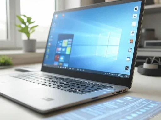A sleek, modern laptop displaying the Windows 10 desktop on a clean white desk near a window.