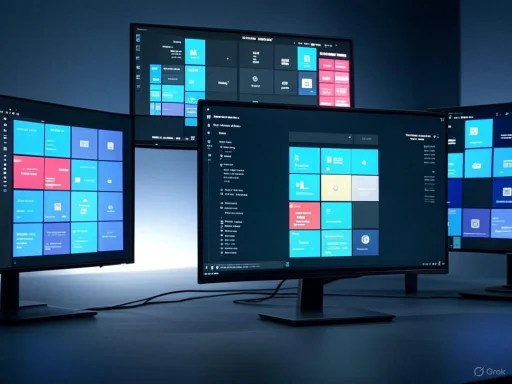Multiple monitors displaying a digital dashboard with various data visualizations and interface elements.
